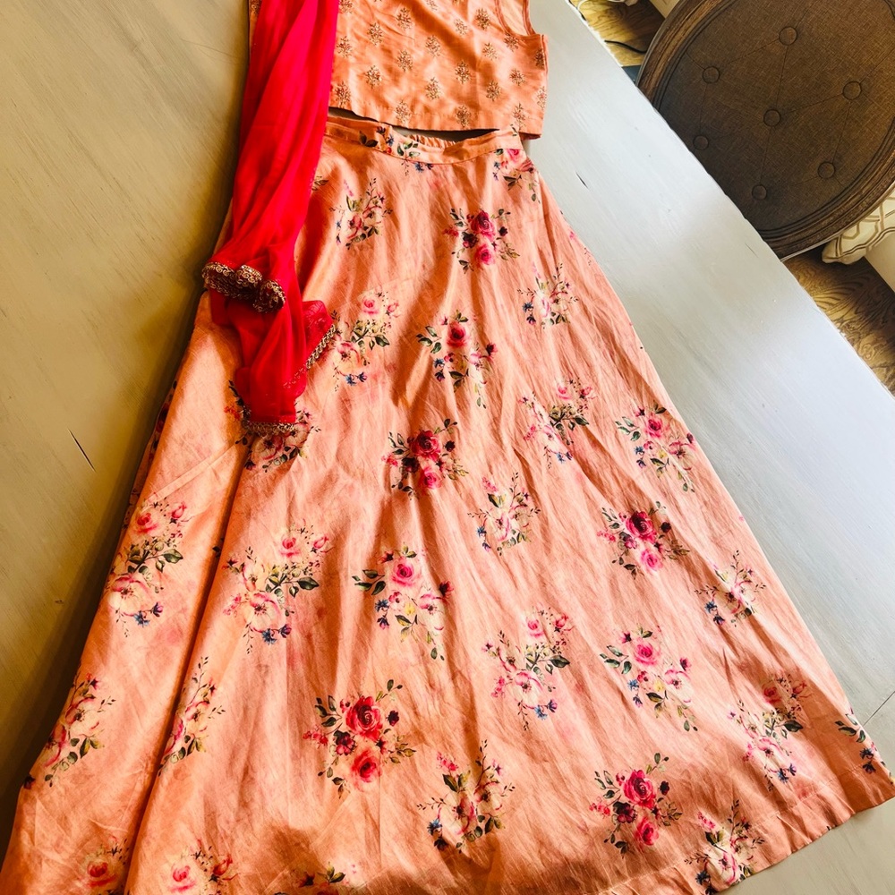 Floral Peach Kids Lehenga 8-10 years with Red Accents